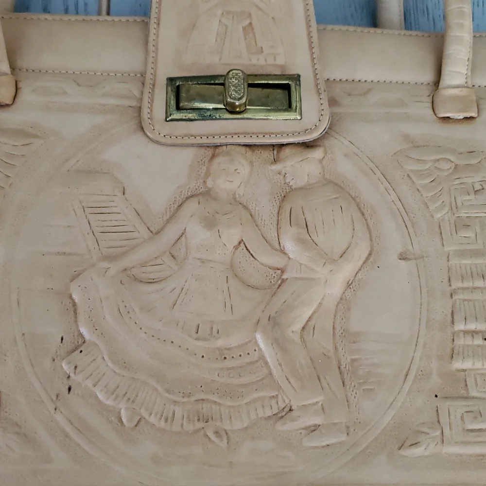 Vintage Beige Leather Mexican Satchel Bag